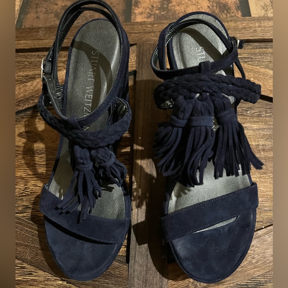 Stuart Weitzman Tasslemania Navy Suede wedge